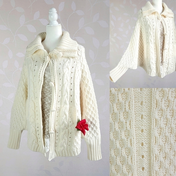 La Redoute Chunky Knit Cardigan Cozy Cottage Twee Cape Fisherman Shawl Cream 10 - Picture 1 of 15